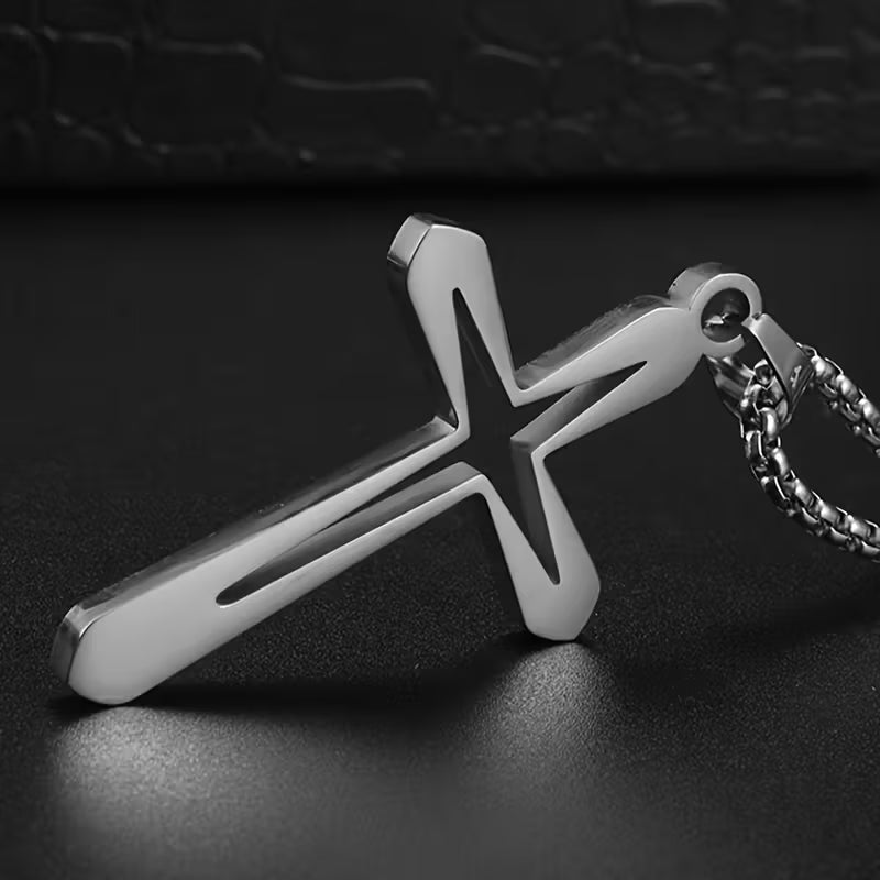 STAINLESS STEEL HOLLOW CROSS PENDANT NECKLACE
