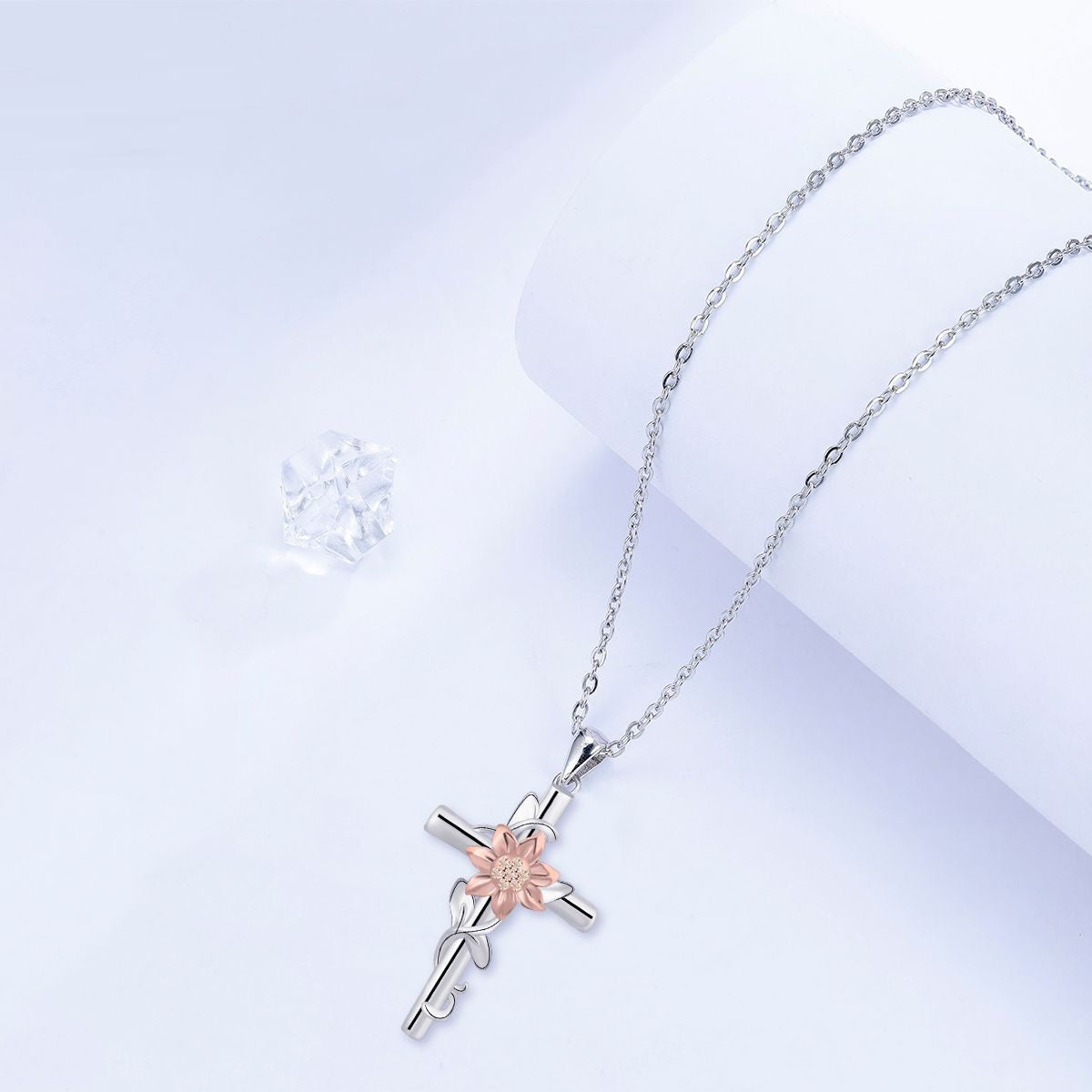 STAINLESS STEEL SUNFLOWER CROSS NECKLACE
