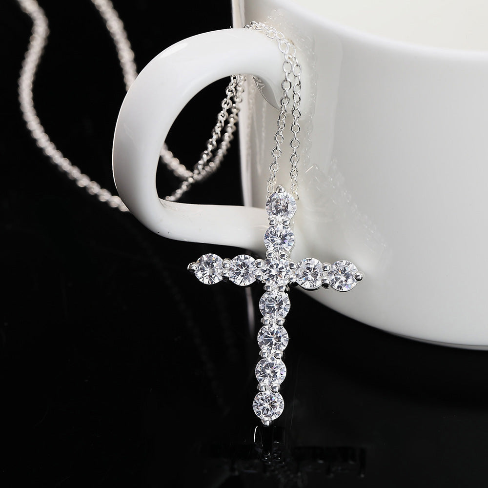 SILVER PLATED RHINESTONE CRYSTAL CROSS NECKLACE
