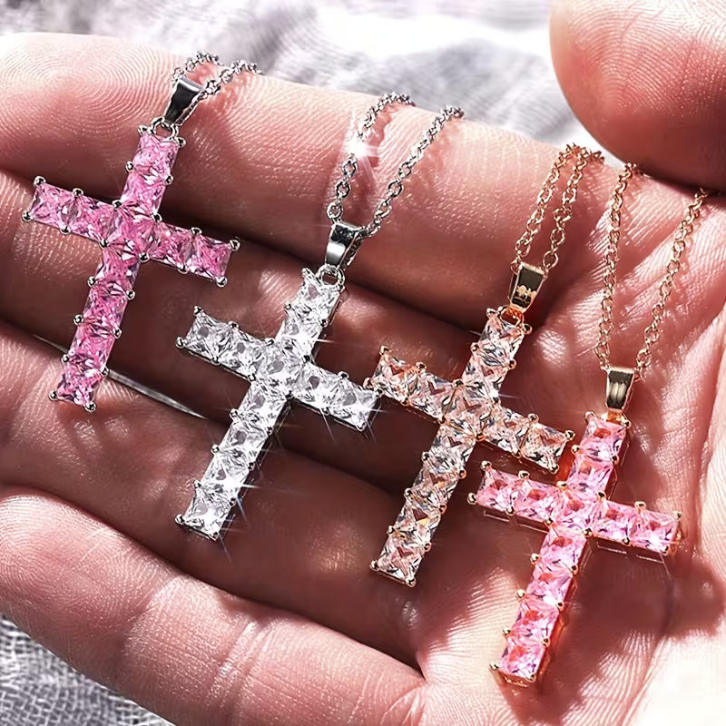 SPARKLING RHINESTONE STAINLESS STEEL CROSS NECKLACE