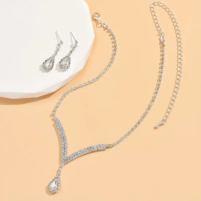 "Sparkle Radiance" Rhinestone Water Drop Necklace and Earrings Set