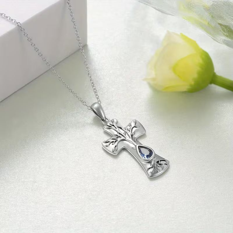 SILVER PLATED TREE OF LIFE CROSS PENDANT NECKLACE