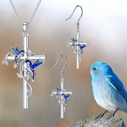 SILVER PLATED BLUE BIRD AND CROSS NECKLACE SET