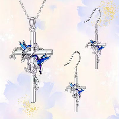 SILVER PLATED BLUE BIRD AND CROSS NECKLACE SET