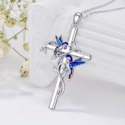 SILVER PLATED BLUE BIRD AND CROSS NECKLACE SET