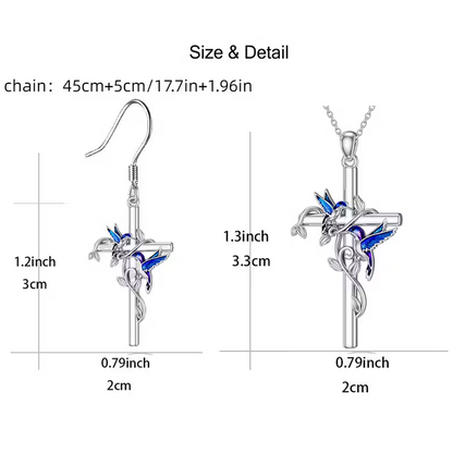 SILVER PLATED BLUE BIRD AND CROSS NECKLACE SET