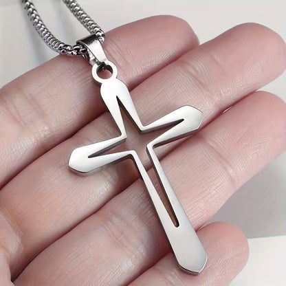STAINLESS STEEL HOLLOW CROSS PENDANT NECKLACE