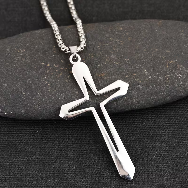 STAINLESS STEEL HOLLOW CROSS PENDANT NECKLACE