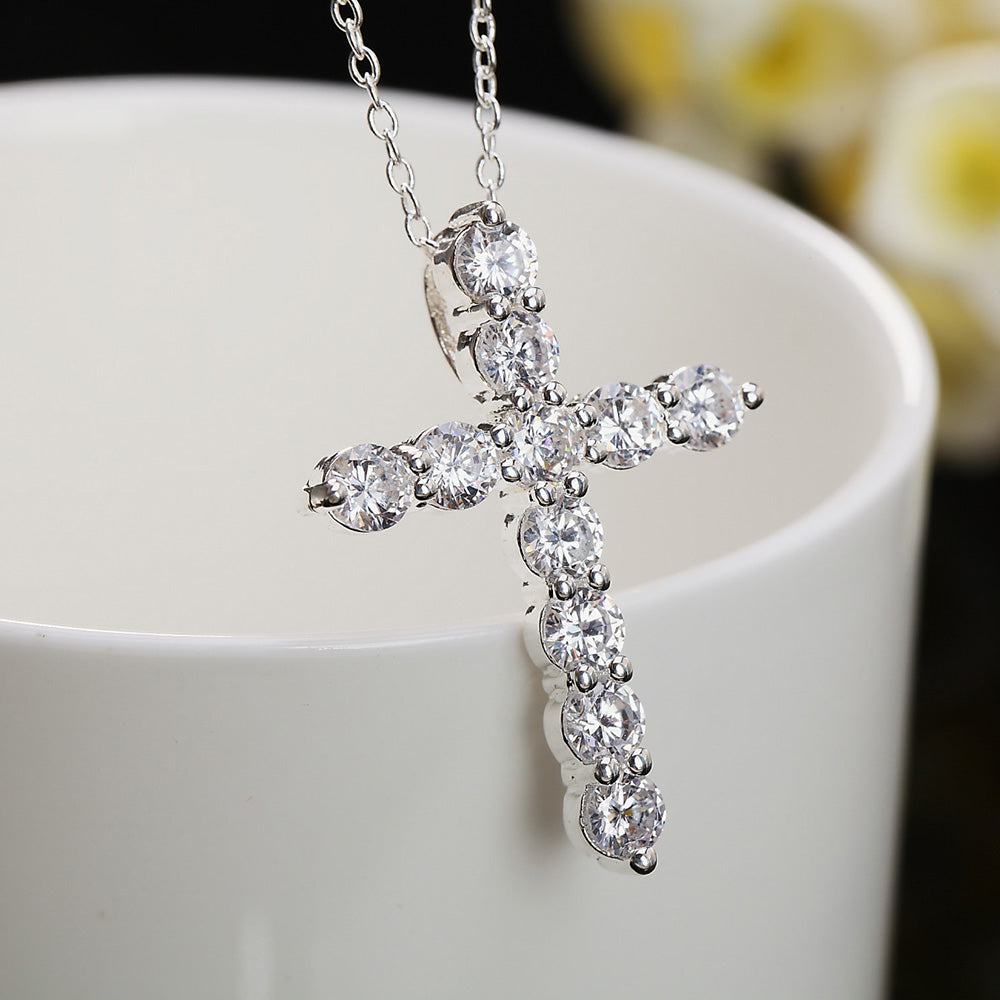 SILVER PLATED RHINESTONE CRYSTAL CROSS NECKLACE