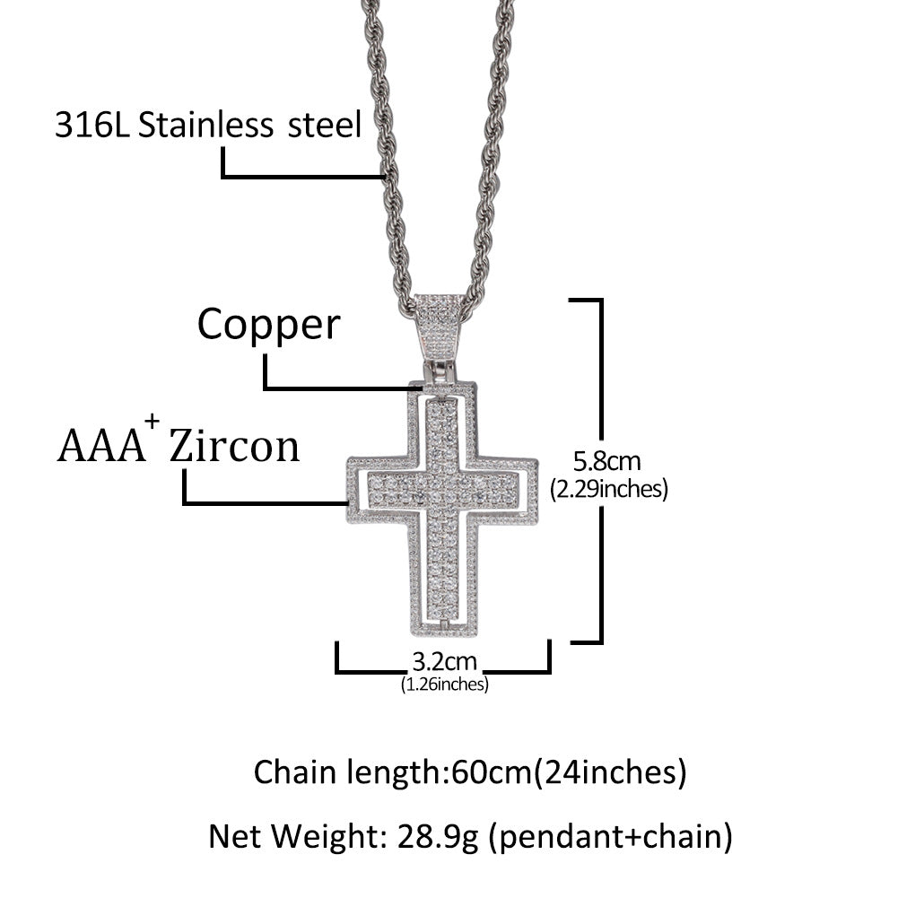 STAINLESS STEEL DOUBLE SIDED ZIRCON CROSS NECKLACE