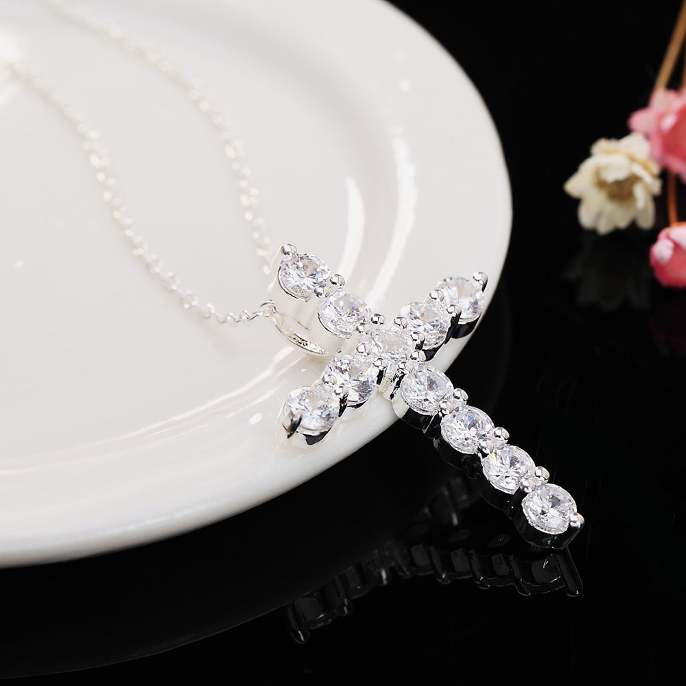 SILVER PLATED RHINESTONE CRYSTAL CROSS NECKLACE