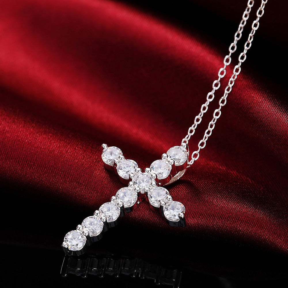 SILVER PLATED RHINESTONE CRYSTAL CROSS NECKLACE