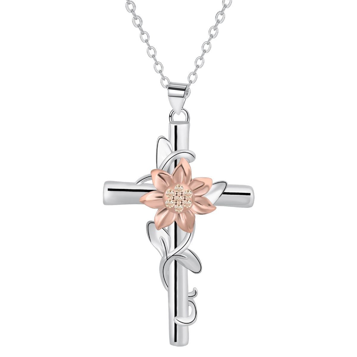 STAINLESS STEEL SUNFLOWER CROSS NECKLACE