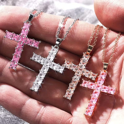 SPARKLING RHINESTONE STAINLESS STEEL CROSS NECKLACE