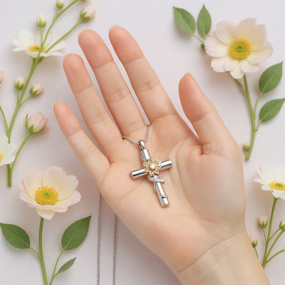STAINLESS STEEL SUNFLOWER CROSS NECKLACE