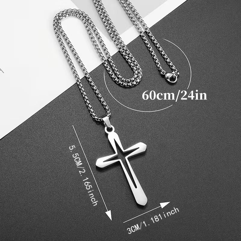 STAINLESS STEEL HOLLOW CROSS PENDANT NECKLACE