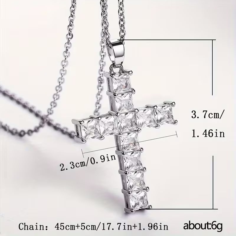 SPARKLING RHINESTONE STAINLESS STEEL CROSS NECKLACE