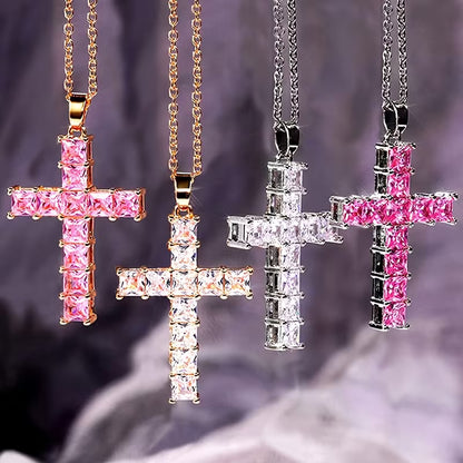 SPARKLING RHINESTONE STAINLESS STEEL CROSS NECKLACE