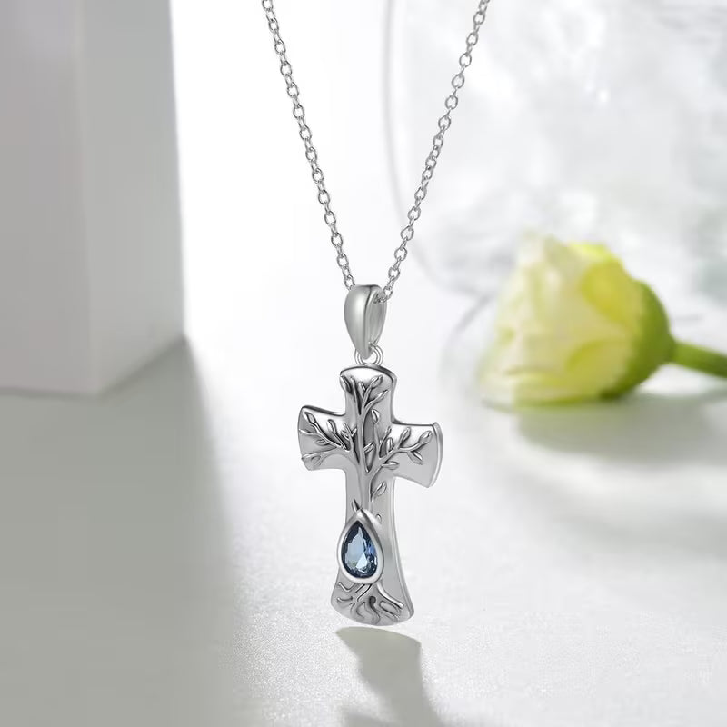 SILVER PLATED TREE OF LIFE CROSS PENDANT NECKLACE
