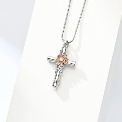 STAINLESS STEEL SUNFLOWER CROSS NECKLACE