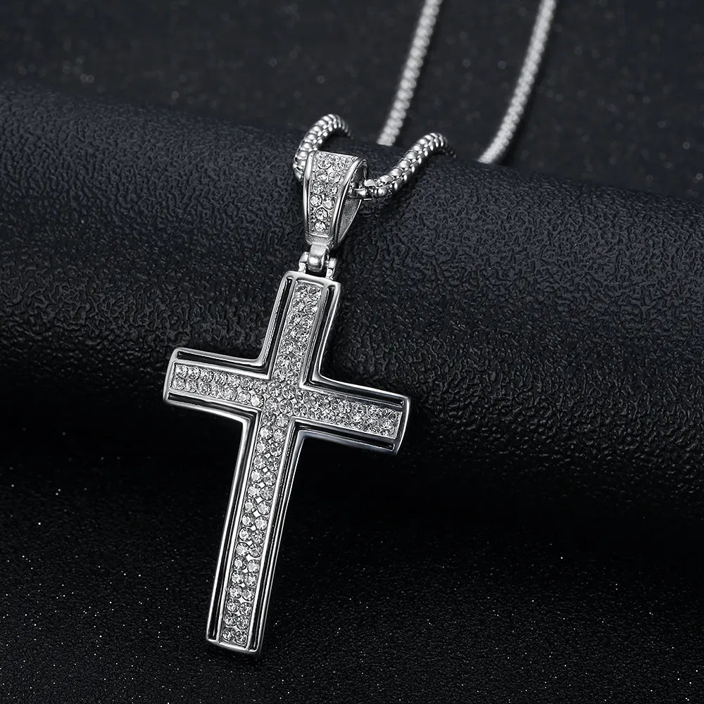 GOLD AND SILVER PLATED RHINESTONE CRYSTAL CROSS NECKLACE