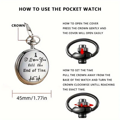 Engraved Message "I Love You till the End of Time" Stainless Steel Quartz Pocket Watch