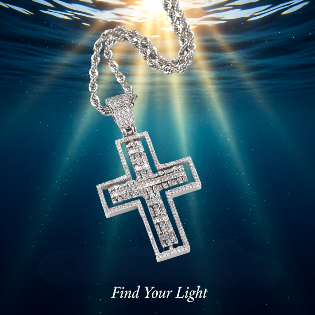 STAINLESS STEEL DOUBLE SIDED ZIRCON CROSS NECKLACE