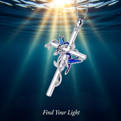 SILVER PLATED BLUE BIRD AND CROSS NECKLACE SET